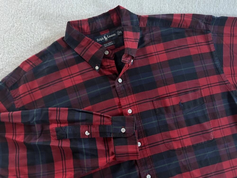 Vintage 90s Ralph Lauren Red Plaid Oxford Cloth Big Shirt Mens XL